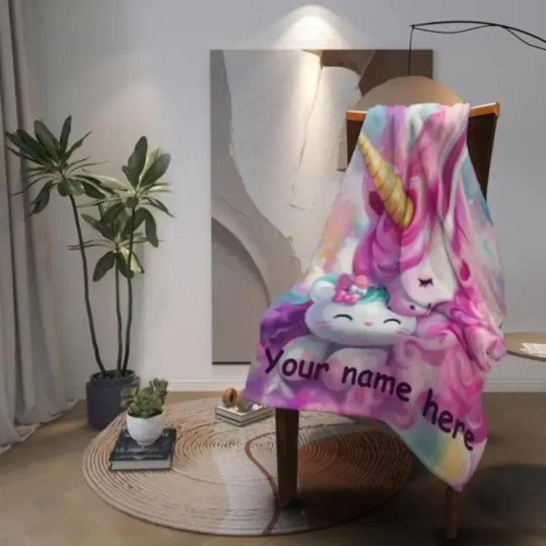 Personalized Unicorn Blanket | Custom Name | Dreamy Pink Unicorn Kawaii Kitty Pastel Rainbow Fleece Throw Gift