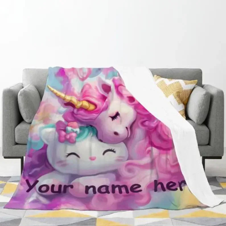 Personalized Unicorn Blanket | Custom Name | Dreamy Pink Unicorn Kawaii Kitty Pastel Rainbow Fleece Throw Gift