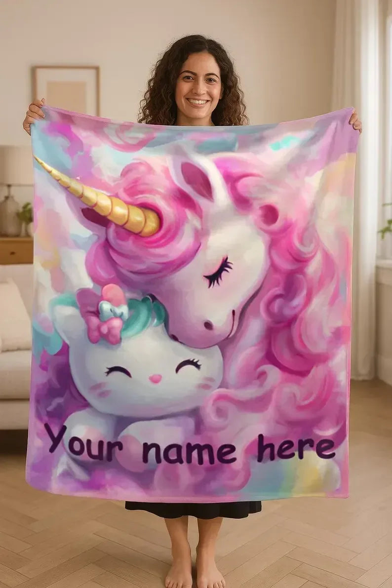Personalized Unicorn Blanket | Custom Name | Dreamy Pink Unicorn Kawaii Kitty Pastel Rainbow Fleece Throw Gift