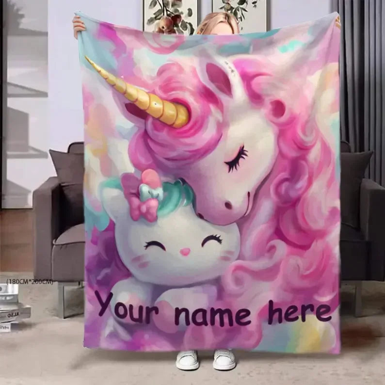 Personalized Unicorn Blanket | Custom Name | Dreamy Pink Unicorn Kawaii Kitty Pastel Rainbow Fleece Throw Gift