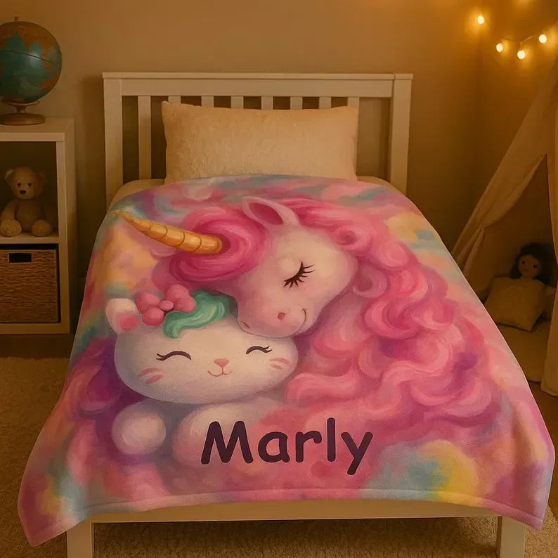 Personalized Unicorn Blanket | Custom Name | Dreamy Pink Unicorn Kawaii Kitty Pastel Rainbow Fleece Throw Gift