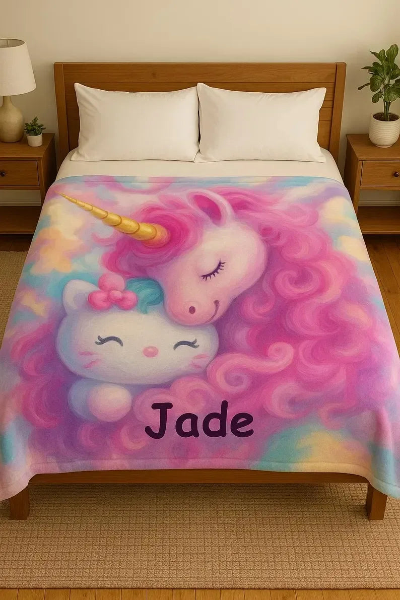 Personalized Unicorn Blanket | Custom Name | Dreamy Pink Unicorn Kawaii Kitty Pastel Rainbow Fleece Throw Gift