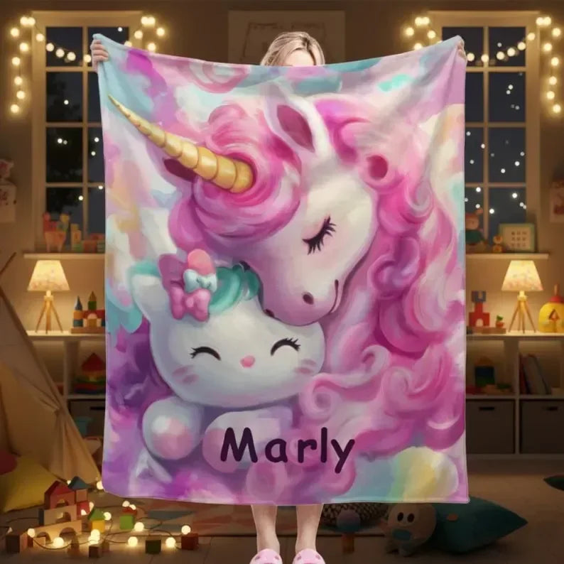 Personalized Unicorn Blanket | Custom Name | Dreamy Pink Unicorn Kawaii Kitty Pastel Rainbow Fleece Throw Gift