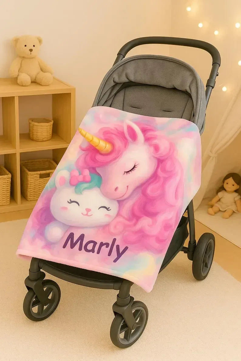Personalized Unicorn Blanket | Custom Name | Dreamy Pink Unicorn Kawaii Kitty Pastel Rainbow Fleece Throw Gift