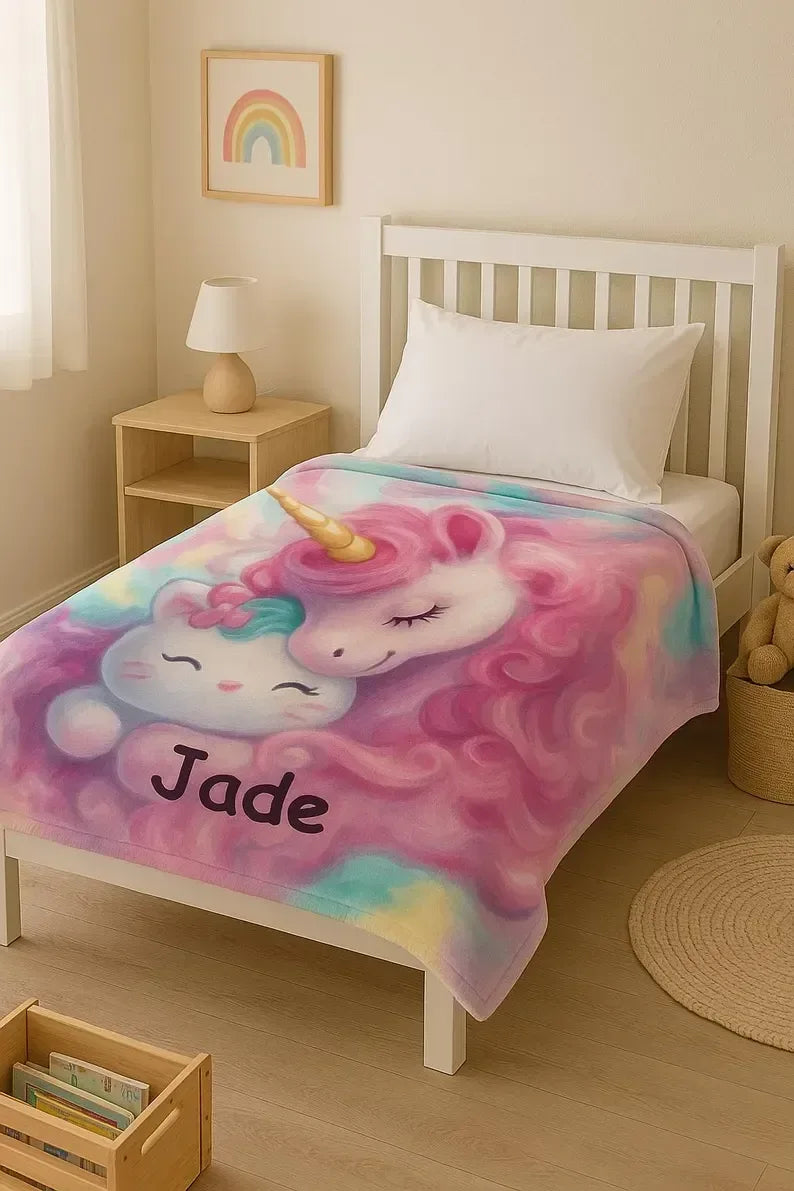 Personalized Unicorn Blanket | Custom Name | Dreamy Pink Unicorn Kawaii Kitty Pastel Rainbow Fleece Throw Gift