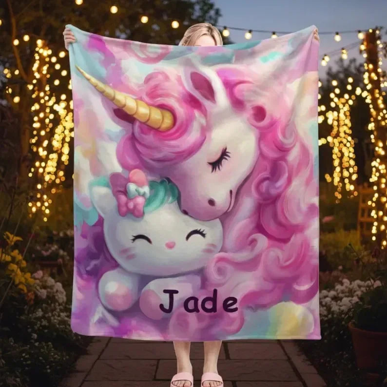 Personalized Unicorn Blanket | Custom Name | Dreamy Pink Unicorn Kawaii Kitty Pastel Rainbow Fleece Throw Gift