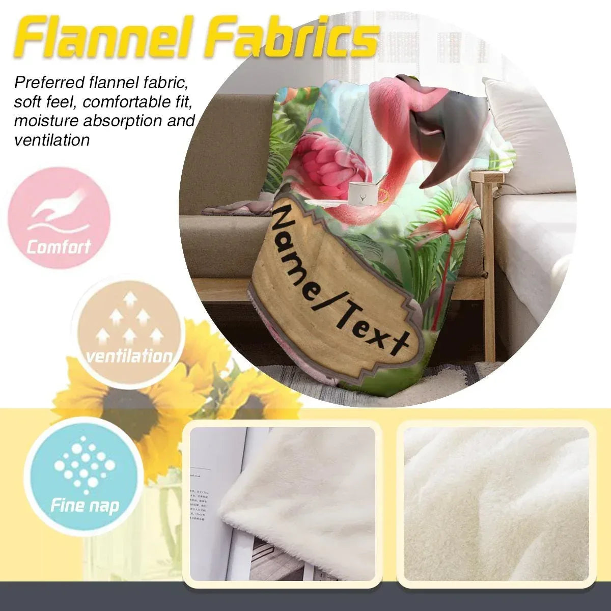 Personalized Flamingo Blanket | Custom Name | Pink Green Tropical Leaf Fleece Throw Gift