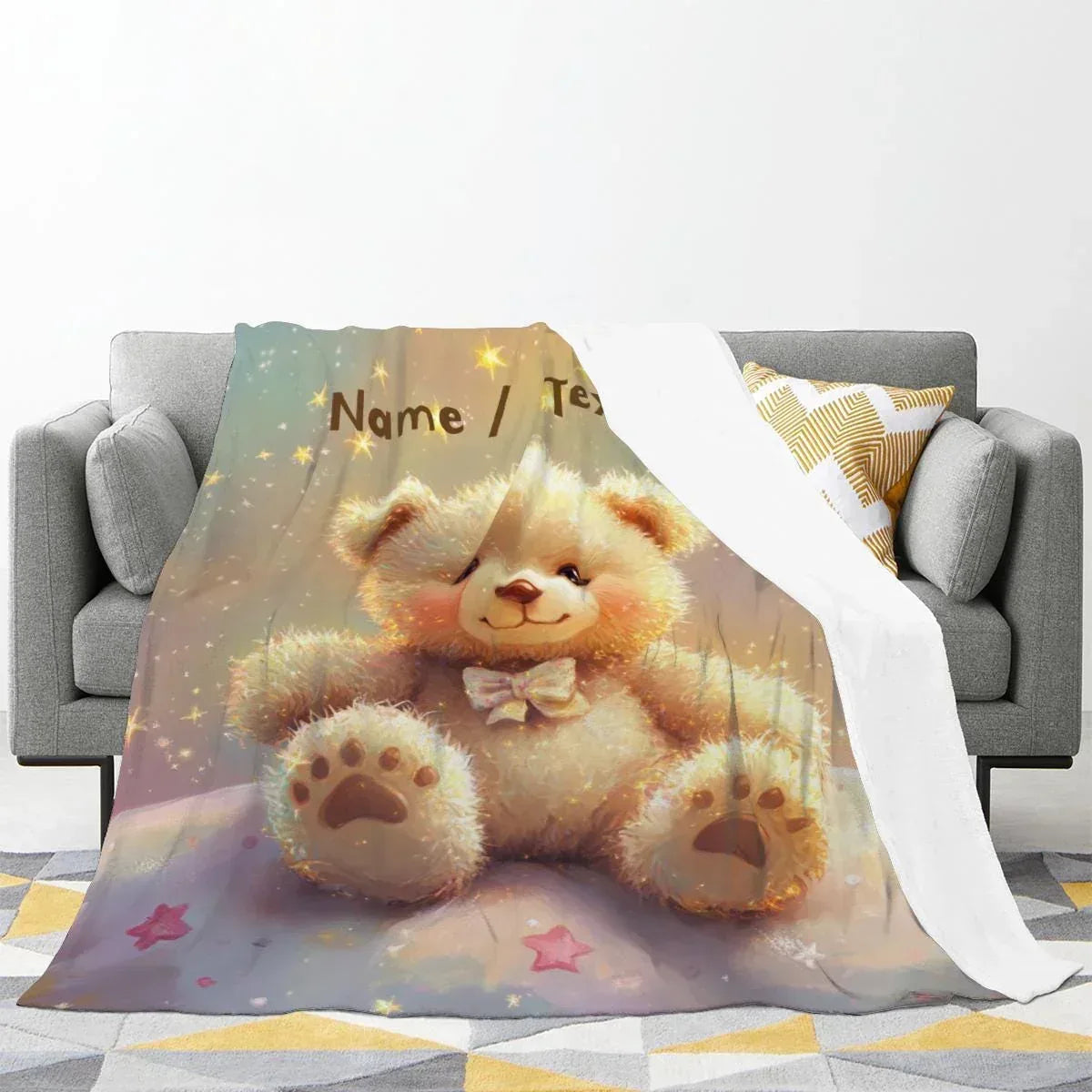 Personalized Teddy Bear Blanket | Custom Name | Pastel Paw-Print Star Fleece Throw Gift