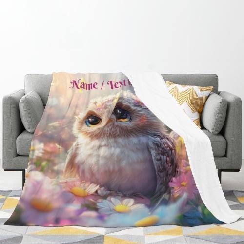 Personalized Owl Blanket | Custom Name | Colorful Floral Baby Owl Fleece Throw Gift
