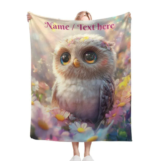 Personalized Owl Blanket | Custom Name | Colorful Floral Baby Owl Fleece Throw Gift