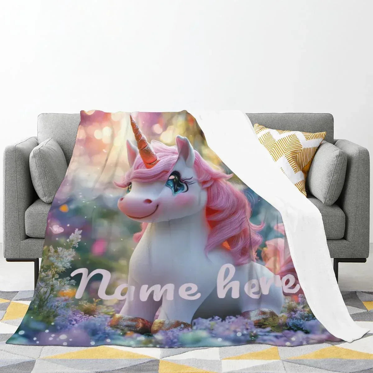 Personalized Pink Unicorn Blanket | Custom Name | Sparkling Eyes Enchanted Forest Fleece Throw Gift
