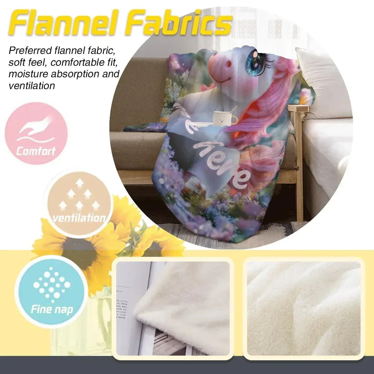 Personalized Pink Unicorn Blanket | Custom Name | Sparkling Eyes Enchanted Forest Fleece Throw Gift