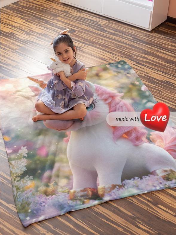 Personalized Pink Unicorn Blanket | Custom Name | Sparkling Eyes Enchanted Forest Fleece Throw Gift