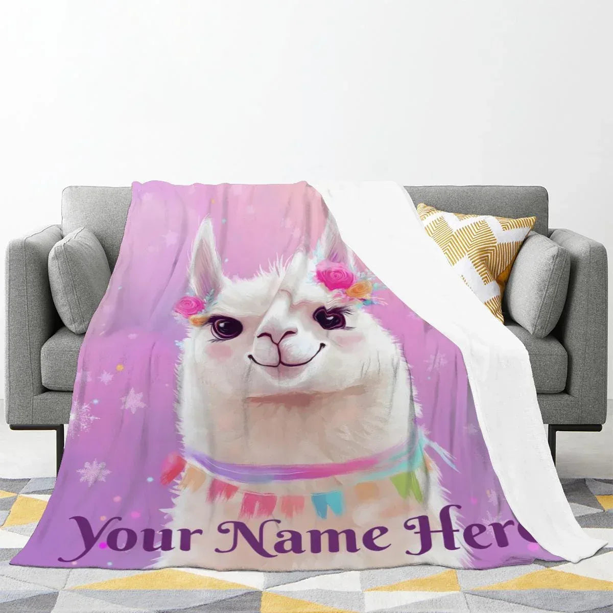 Personalized Llama Blanket | Custom Name | Pink Purple Alpaca Face Fleece Throw Gift