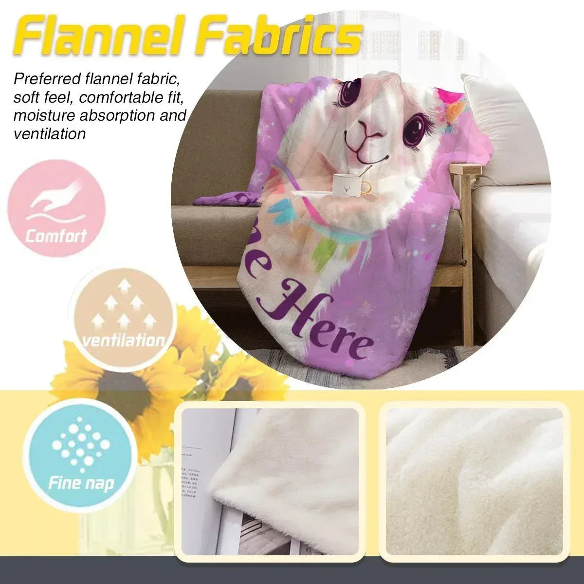 Personalized Llama Blanket | Custom Name | Pink Purple Alpaca Face Fleece Throw Gift