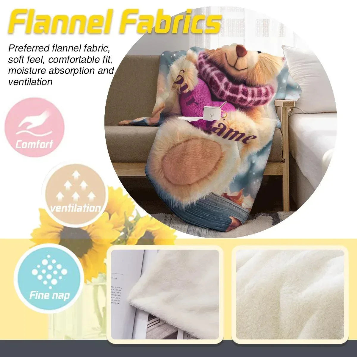Personalized Snow Teddy Bear Blanket | Custom Name | Winter Bear Heart Fleece Throw Gift