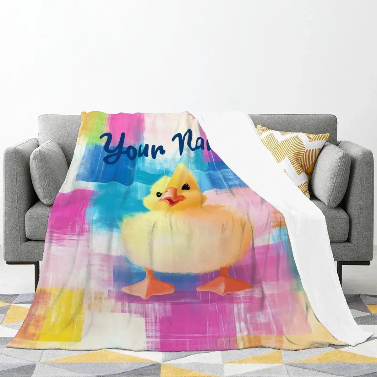 Personalized Baby Duck Blanket | Custom Name | Fluffy Yellow Duckling Watercolor Patchwork Fleece Throw Gift