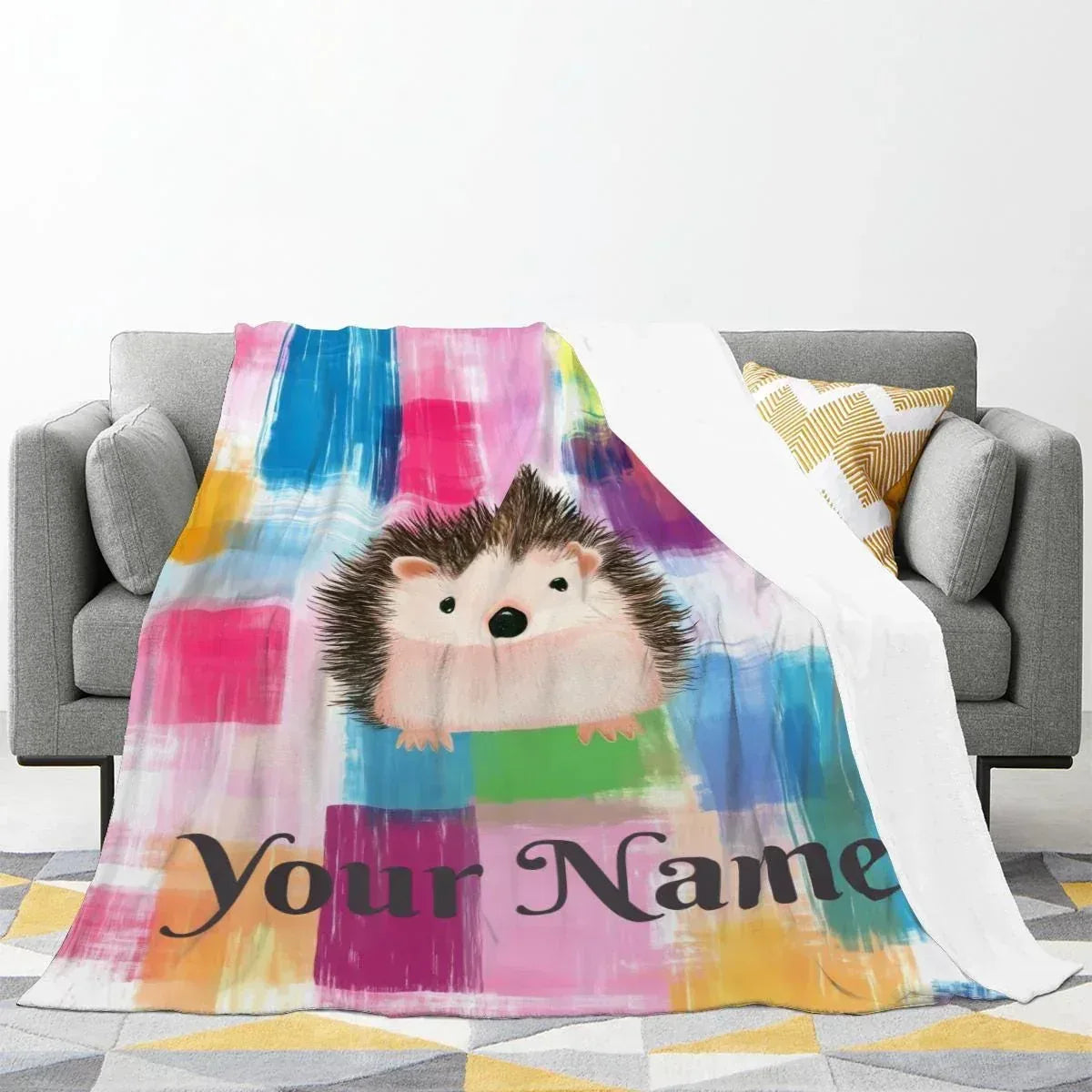 Personalized Hedgehog Blanket | Custom Name | Whimsical Plaid Patchwork Hedgehog Cursive Name Fleece Throw Gift