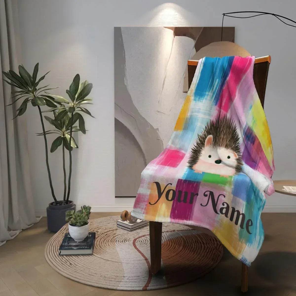Personalized Hedgehog Blanket | Custom Name | Whimsical Plaid Patchwork Hedgehog Cursive Name Fleece Throw Gift