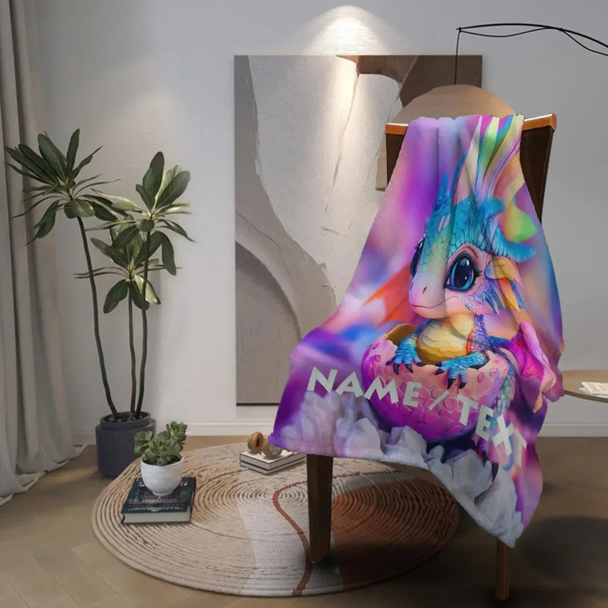 Personalized Dragon Blanket | Custom Name | Baby Dragon Hatching From Egg Rainbow Crest Purple Pink Sky 310gsm Fleece Throw Gift