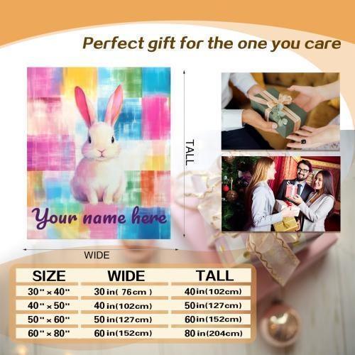 Personalized White Bunny Blanket | Custom Name | Pastel Patchwork Rainbow Rabbit Fleece Throw Gift