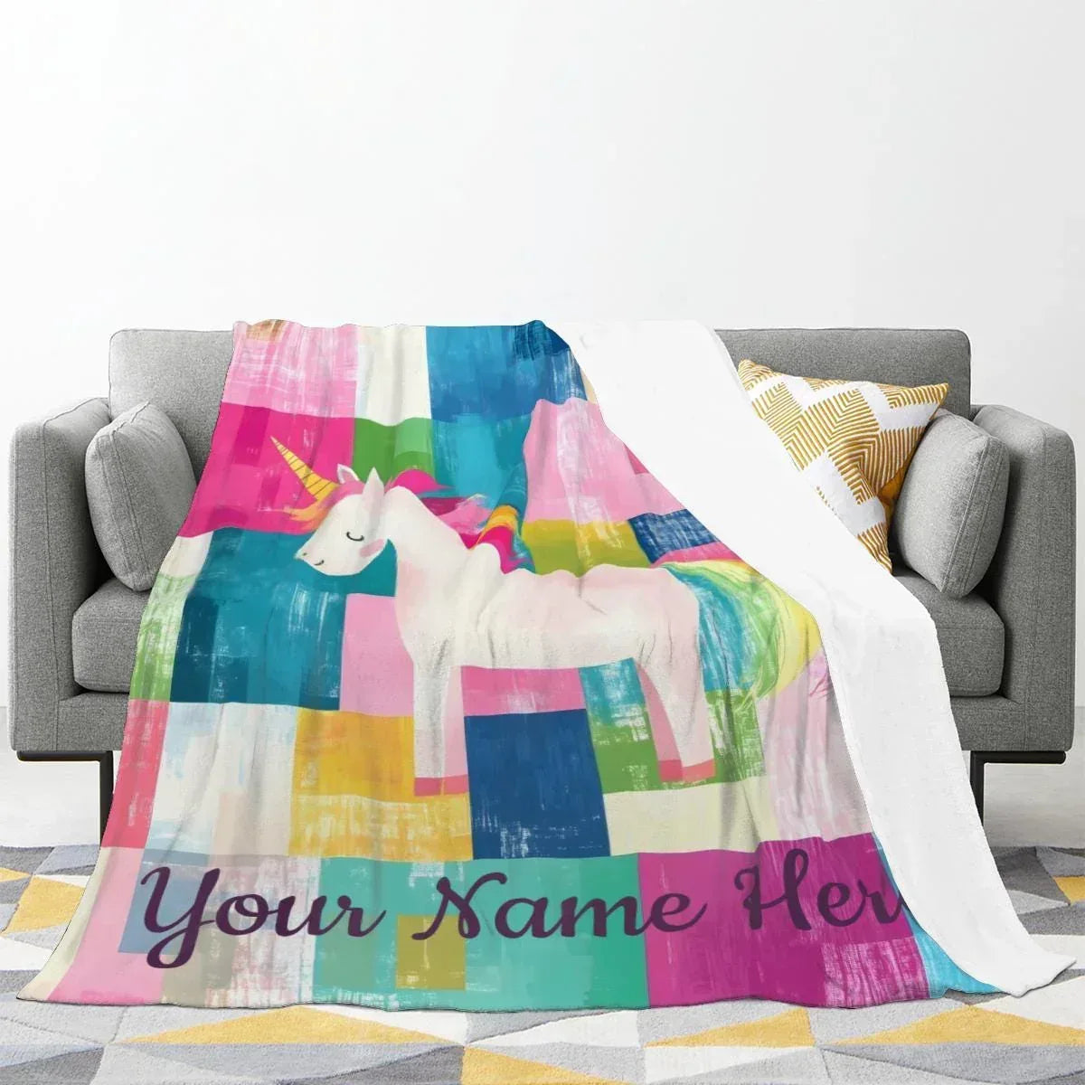 Personalized Unicorn Blanket | Custom Name | Rainbow Mane Color-Block Fleece Throw Gift