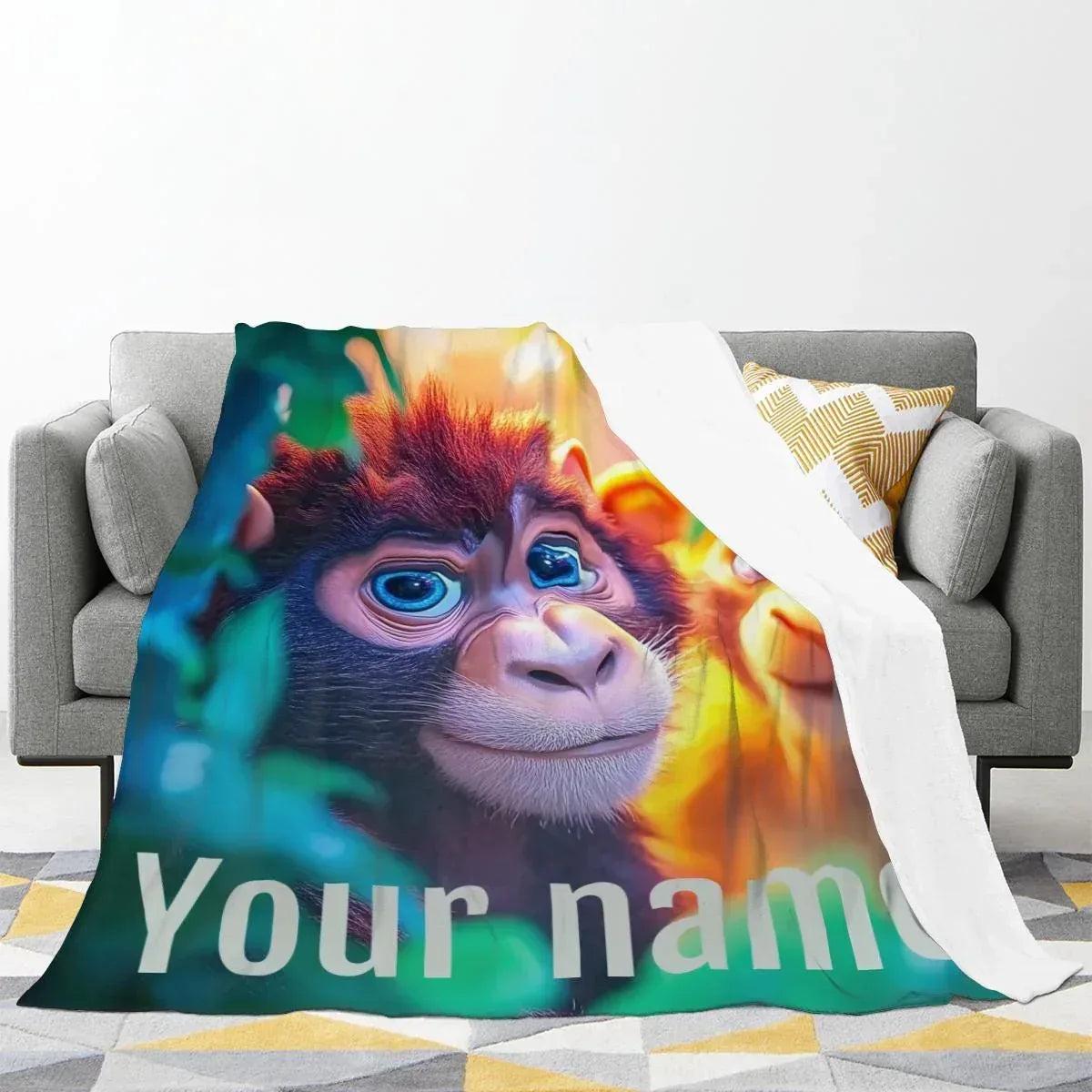 Personalized Monkey Blanket | Custom Name | Baby Monkey and Lion Cub Jungle Fleece Throw Gift