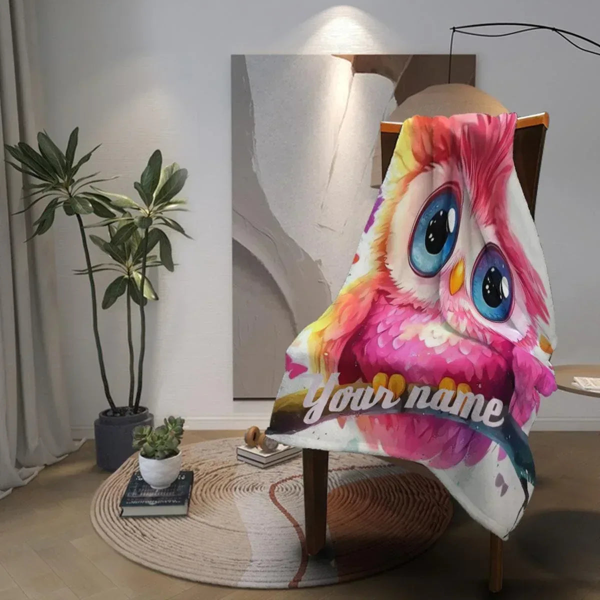 Personalized Pink Owl Blanket | Custom Name | Blue-Eyed Colorful Feather Fleece Throw Gift