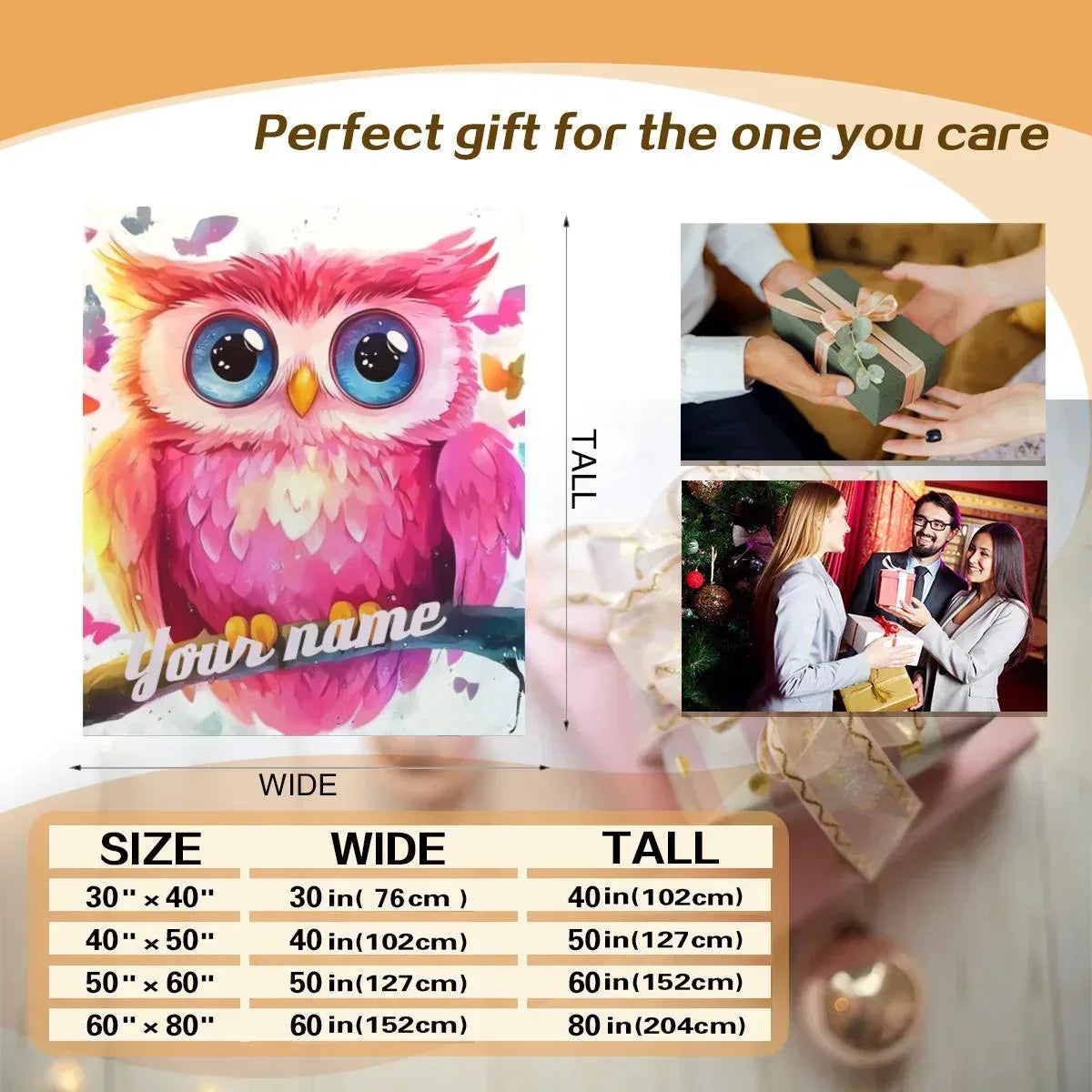 Personalized Pink Owl Blanket | Custom Name | Blue-Eyed Colorful Feather Fleece Throw Gift