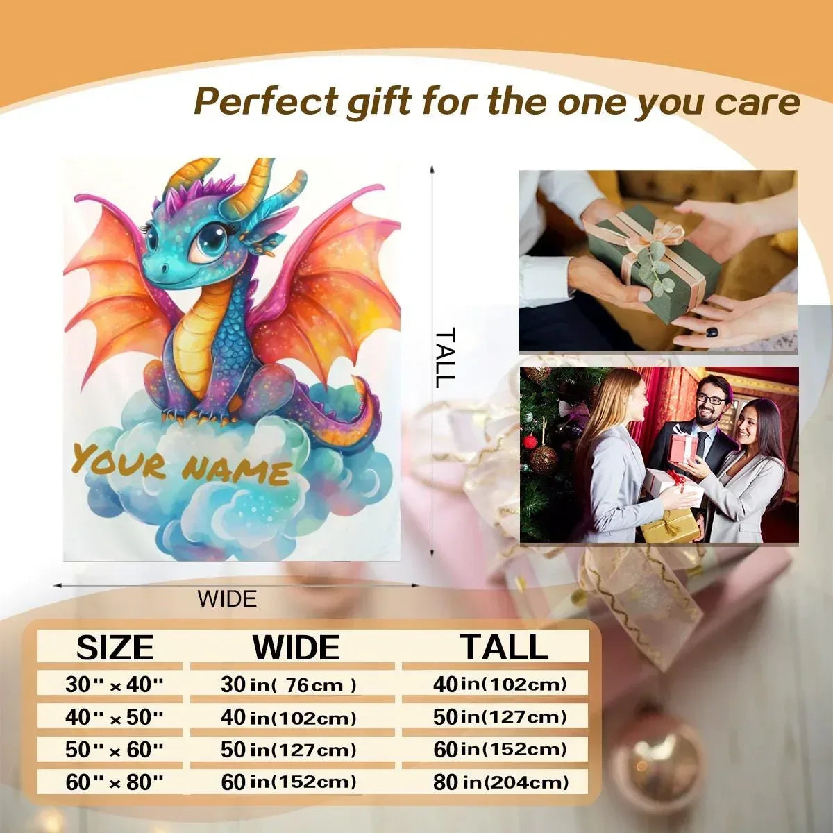 Personalized Girl Dragon Blanket | Custom Name | Blue Rainbow Unicorn Cloud 310gsm Fleece Throw Gift