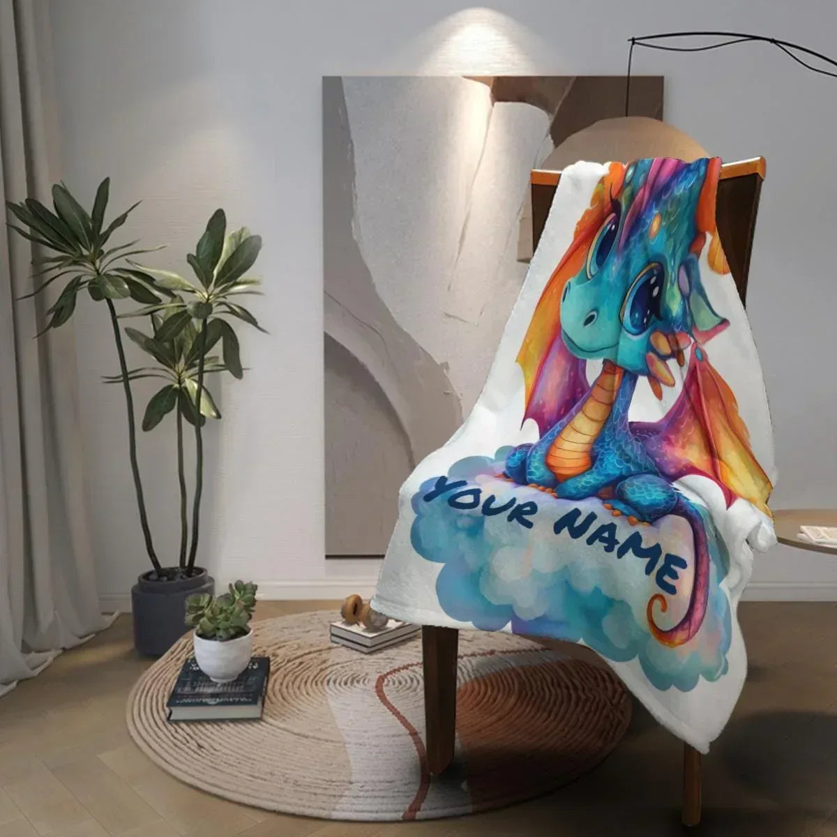 Personalized Dragon Blanket | Custom Name | Cute Baby Dragon Sitting on Cloud Orange Wings Teal Blue Big Eyes White Background Fleece Throw Gift