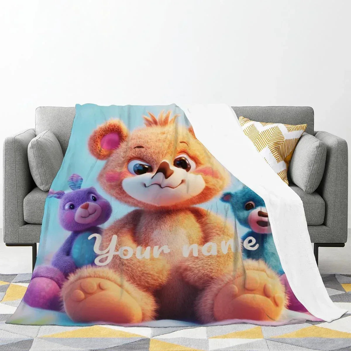 Personalized Teddy Bear Blanket | Custom Name | Fluffy Golden Bear Purple Bunny Blue Bear Fleece Throw Gift