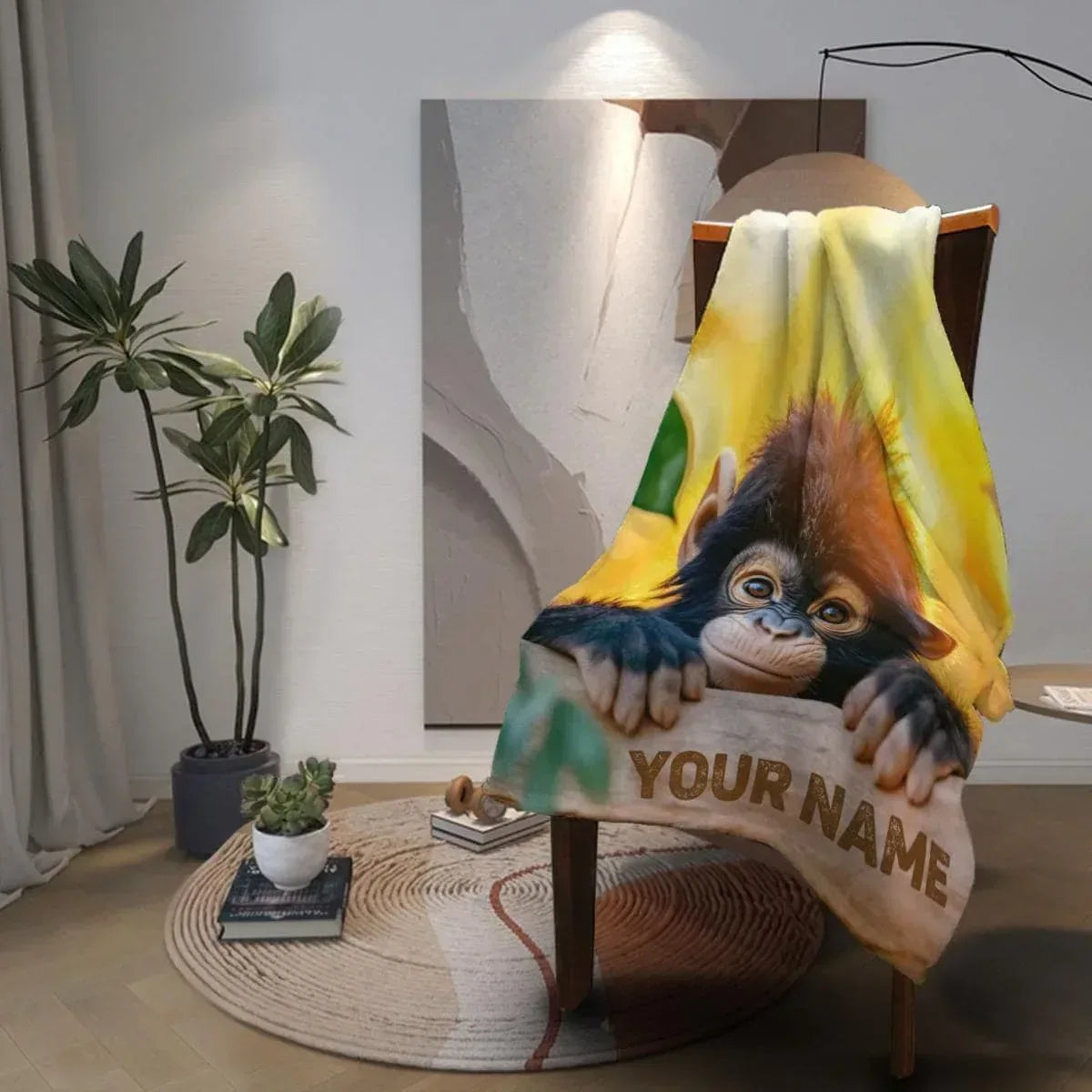 Personalized Baby Chimpanzee Blanket | Custom Name | Cheeky Chimp Peeking Over Log Yellow Jungle Fleece Throw Gift