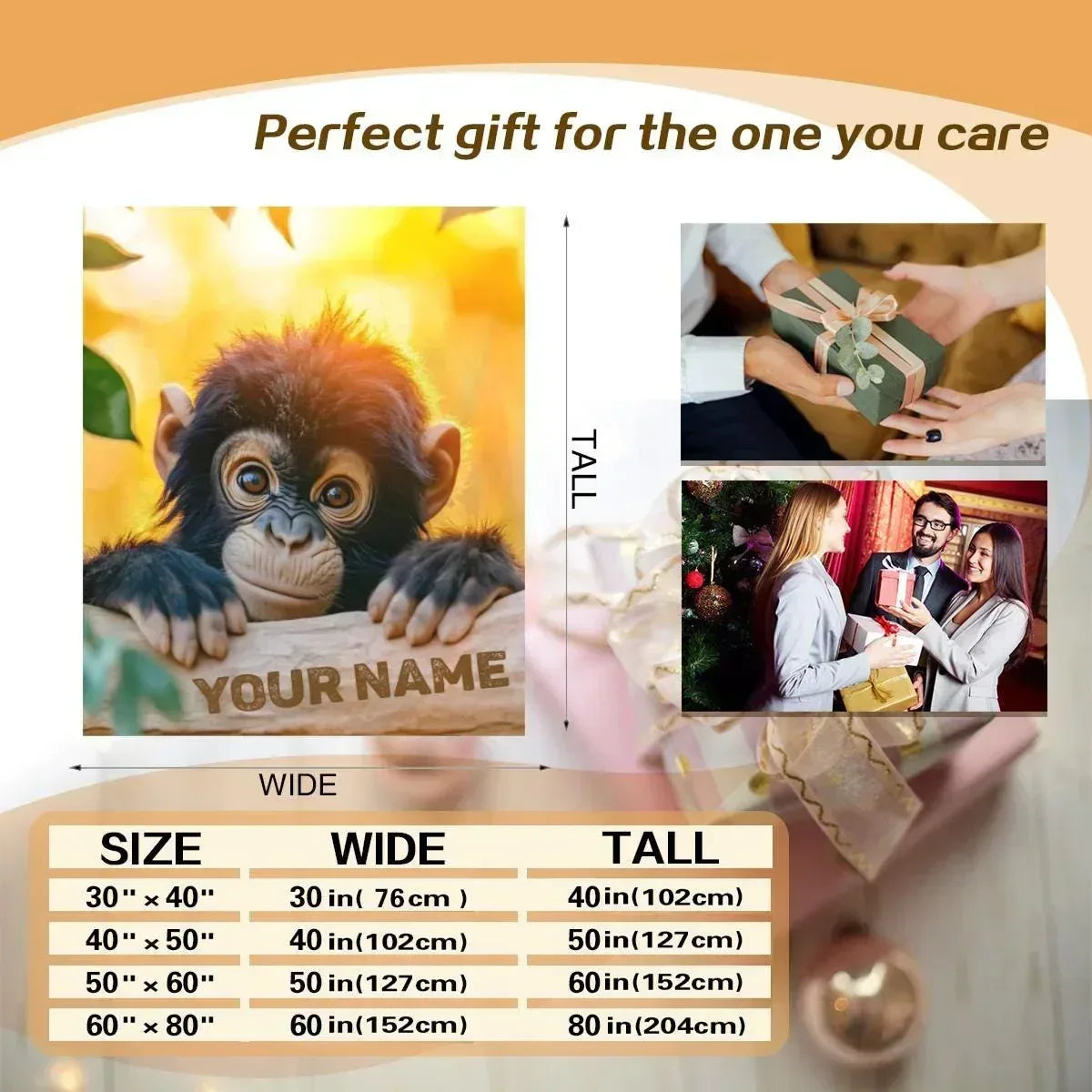 Personalized Baby Chimpanzee Blanket | Custom Name | Cheeky Chimp Peeking Over Log Yellow Jungle Fleece Throw Gift