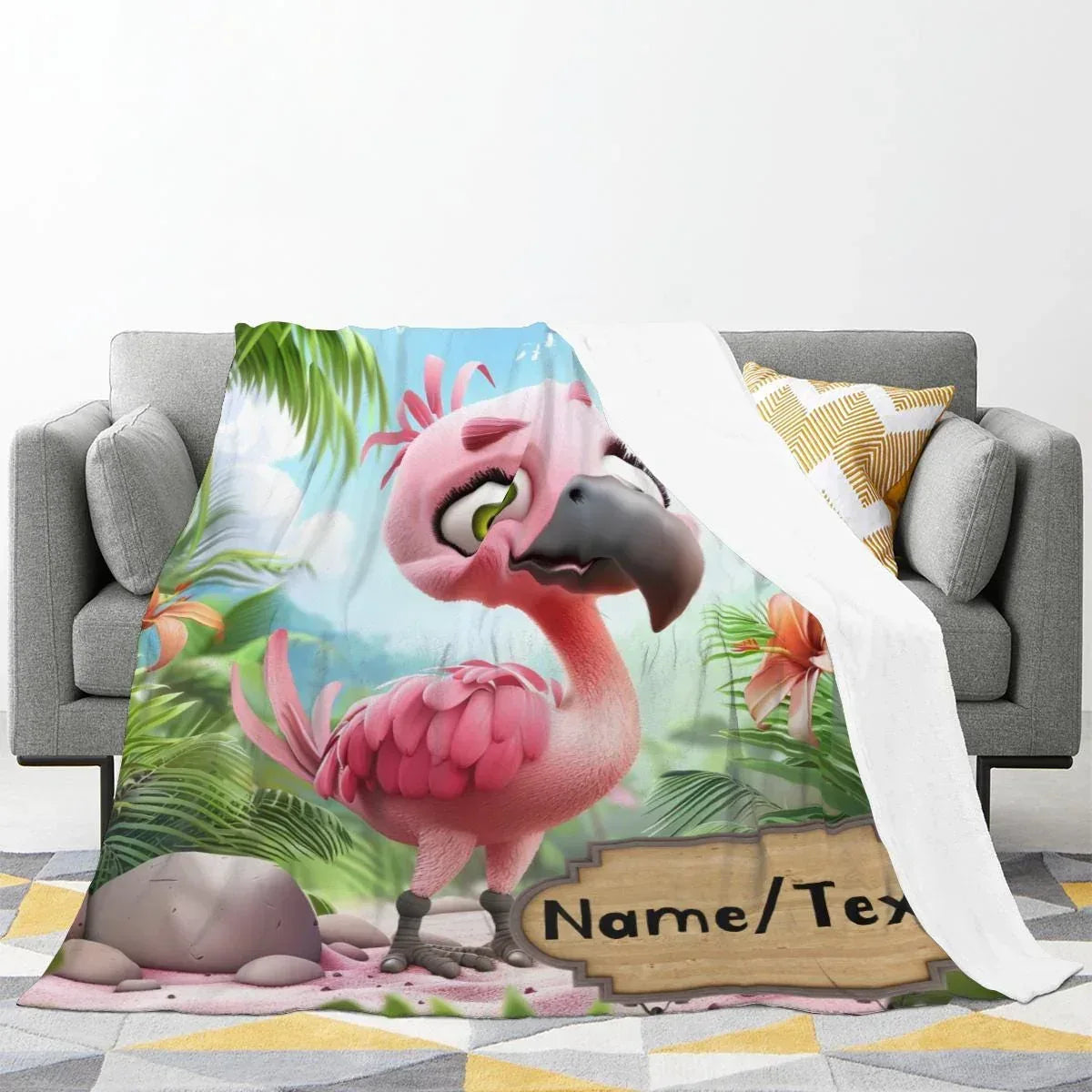 Personalized Flamingo Blanket | Custom Name | Pink Green Tropical Leaf Fleece Throw Gift