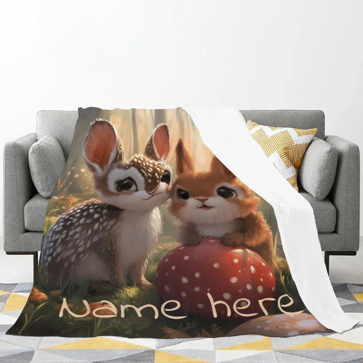 Personalized Bunny & Deer Blanket | Custom Name | Baby Fawn & Bunny Woodland Fleece Throw Gift