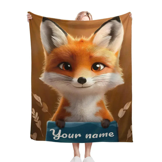 Personalized Fox Blanket | Custom Name | Cute 3D Fox Holding Teal Name Banner Autumn Woodland Flannel Fleece Throw Gift
