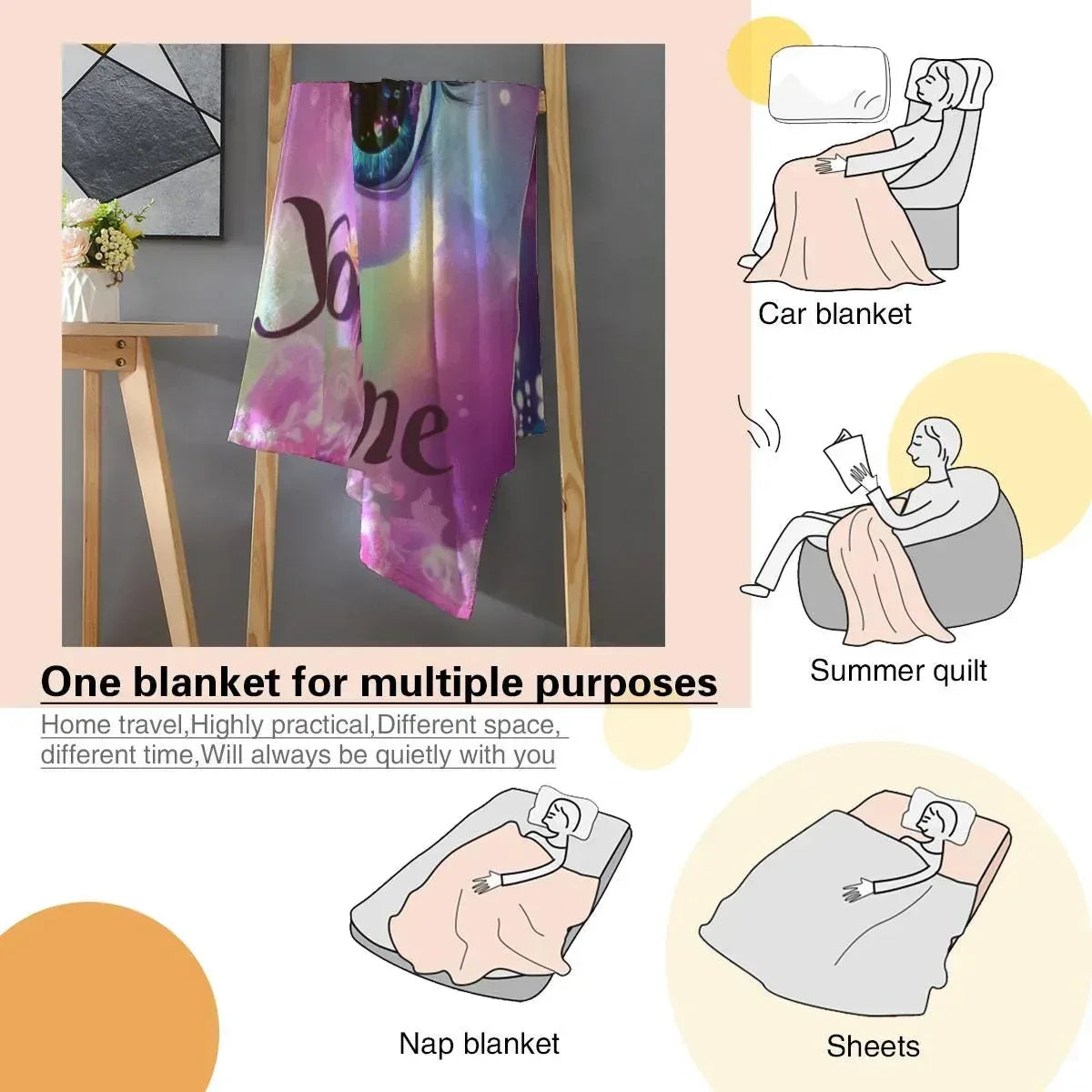 Personalized Unicorn Blanket | Custom Name | Cute Baby Unicorn Galaxy Eyes Floral Crown Purple Magic Fleece Throw Gift