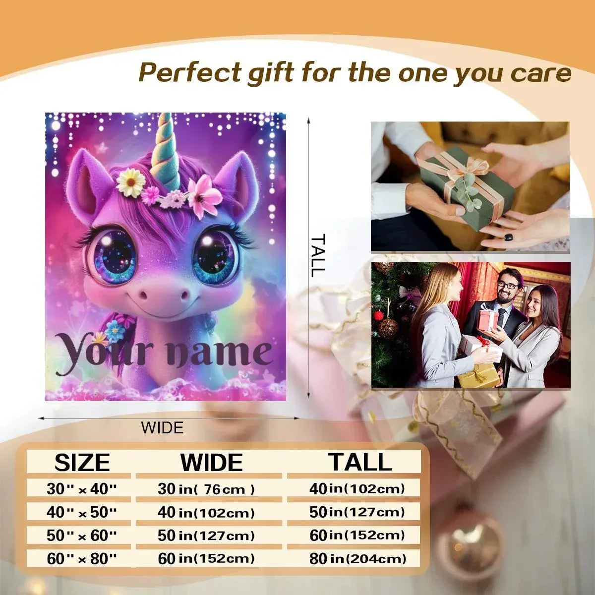 Personalized Unicorn Blanket | Custom Name | Cute Baby Unicorn Galaxy Eyes Floral Crown Purple Magic Fleece Throw Gift