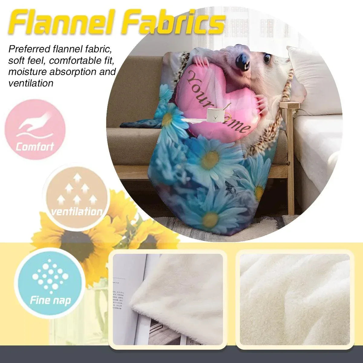 Personalized Hedgehog Blanket | Custom Name on Pink Heart | Blue Daisies Romantic Fleece Throw Gift