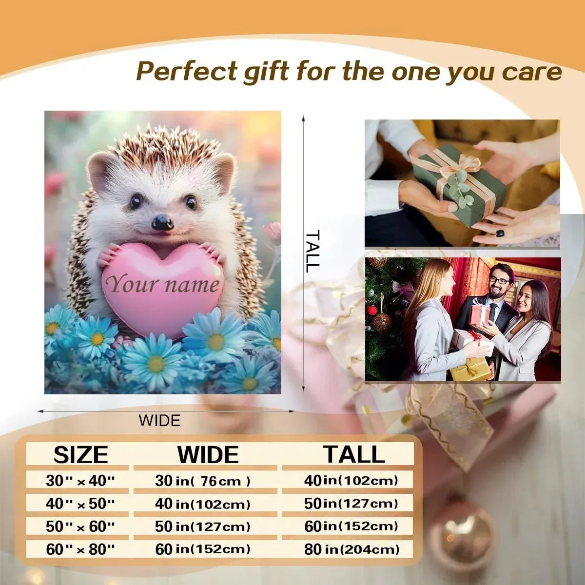 Personalized Hedgehog Blanket | Custom Name on Pink Heart | Blue Daisies Romantic Fleece Throw Gift