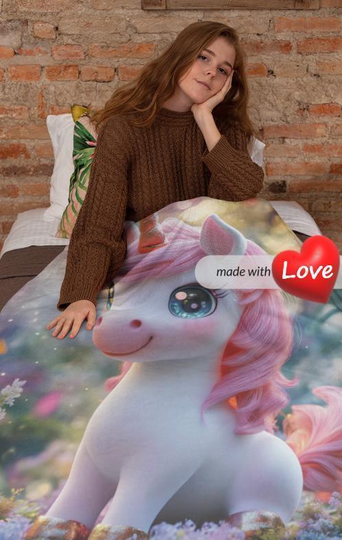 Personalized Pink Unicorn Blanket | Custom Name | Sparkling Eyes Enchanted Forest Fleece Throw Gift