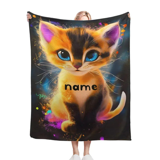 Personalized Starry-Eyed Kitten Blanket | Custom Name | Galaxy Cat Blue Eyes Fleece Throw Gift