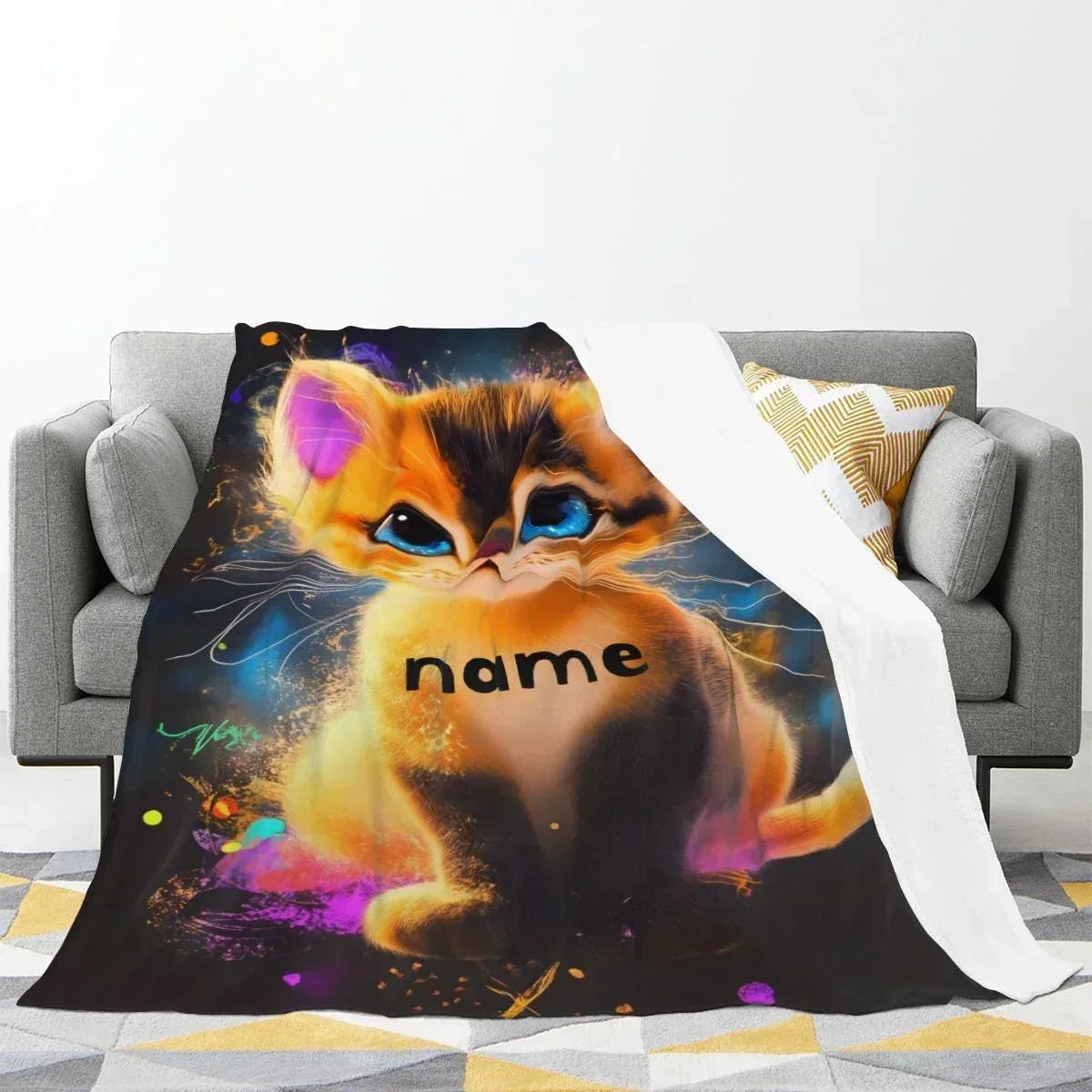 Personalized Starry-Eyed Kitten Blanket | Custom Name | Galaxy Cat Blue Eyes Fleece Throw Gift
