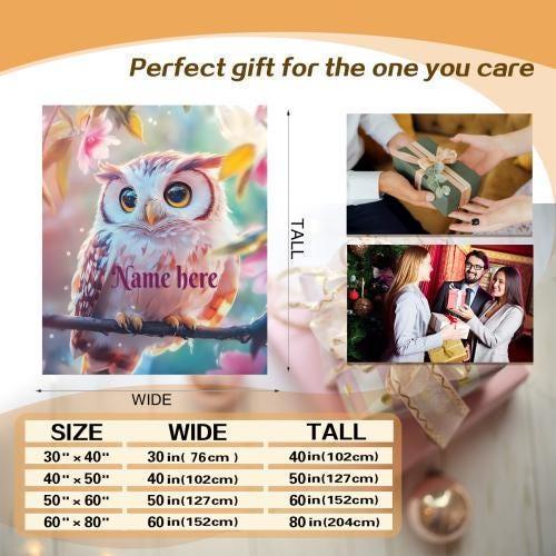 Personalized Owl Blanket | Custom Name | Fluffy Baby Owl on Branch Golden Amber Eyes Pink Floral Watercolor Spring Fleece Throw Gift