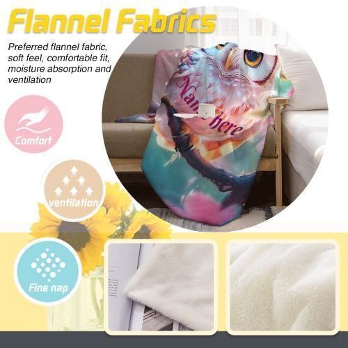 Personalized Owl Blanket | Custom Name | Fluffy Baby Owl on Branch Golden Amber Eyes Pink Floral Watercolor Spring Fleece Throw Gift