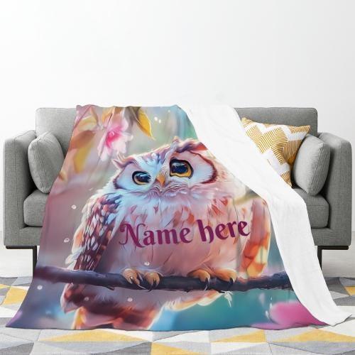 Personalized Owl Blanket | Custom Name | Fluffy Baby Owl on Branch Golden Amber Eyes Pink Floral Watercolor Spring Fleece Throw Gift