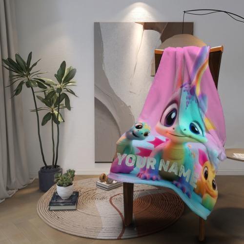 Personalized Dragon Blanket | Custom Name | Cute Pastel Baby Dragon Trio Rainbow Kawaii Fleece Throw Gift