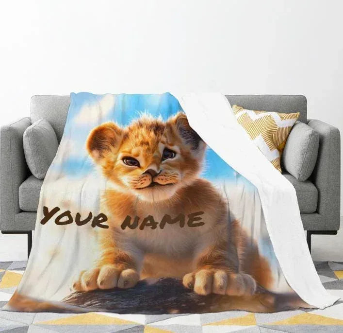 Personalized Lion Cub Blanket | Custom Name | Fluffy Golden Baby Lion Blue Sky Fleece Throw Gift