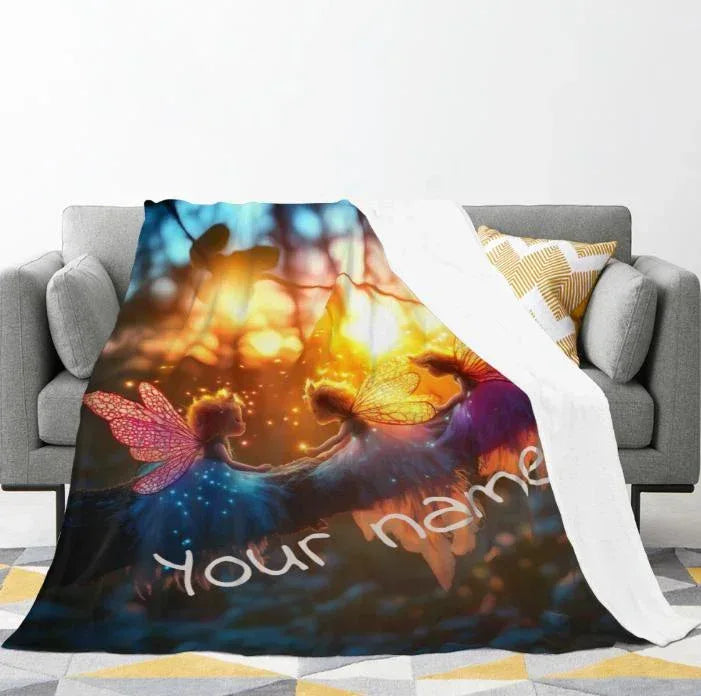 Personalized Fairy Blanket | Custom Name | Three Winged Fairies Golden Forest 310gsm Fleece Throw Gift